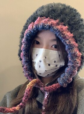 秋冬手工大头围毛绒护耳百搭针织帽子女加厚保暖毛线帽显脸小白色