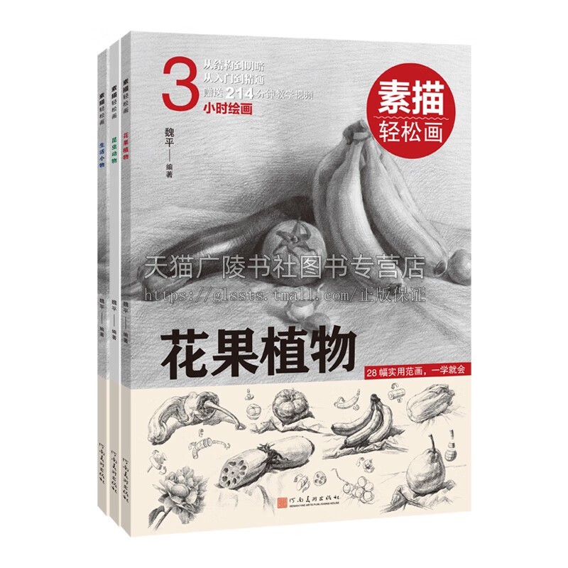 素描技法 从入门到精通(3册)教学视频素描轻松画 生活小物 昆虫动物 花果植物 铅笔画 从结构到明暗 素描速写绘画书籍 正版书籍