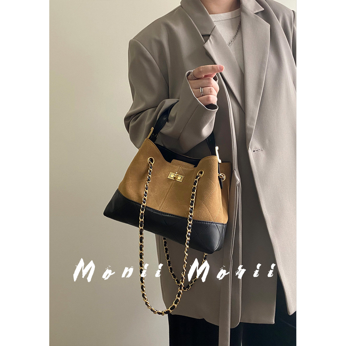 怪兽君包包真皮托特包通勤羊皮腋下包大容量链条菱格单肩包高级感,淘宝优惠券,粉丝福利购,淘宝优惠卷