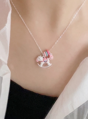 足银99纯银旋转木马项链女