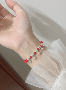 s925纯银中国风铃铛红绳手链女