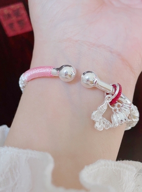 足银9999繁花蝴蝶铃兰花银手镯女