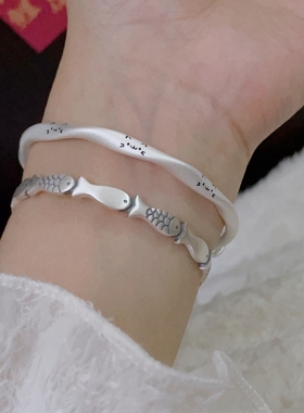 足银9999复古开口小鱼银手镯女