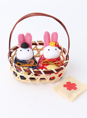 日本手工竹篮小兔子摆件日式和风