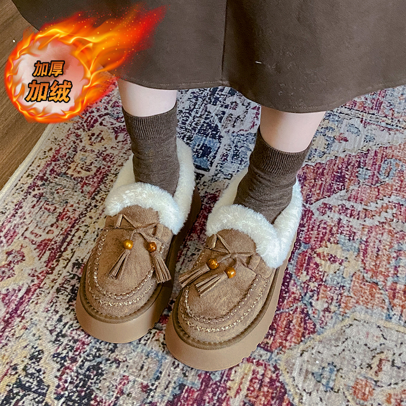 厚底保暖棉鞋女款百搭爆款懒人一脚蹬加绒豆豆鞋女冬季毛毛乐福鞋 - 图1