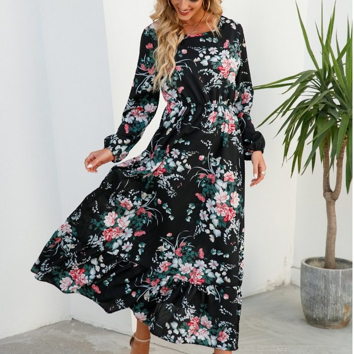 春季新款法式圆领碎花印花收腰A字波西米亚长袖连衣裙长裙女DRESS,淘宝优惠券,粉丝福利购,淘宝优惠卷