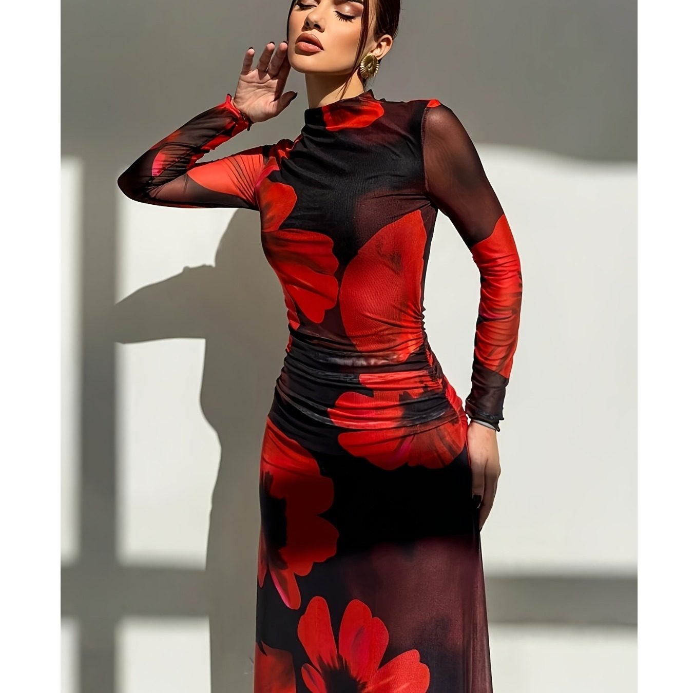 优雅红色晚礼服欧美新款半高领扎染印花网眼派对长袖连衣裙长裙女,淘宝优惠券,粉丝福利购,淘宝优惠卷