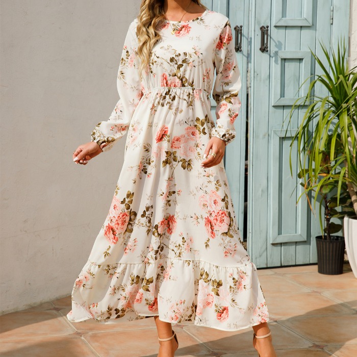 春季新款法式圆领碎花印花收腰A字波西米亚长袖连衣裙长裙女DRESS,淘宝优惠券,粉丝福利购,淘宝优惠卷