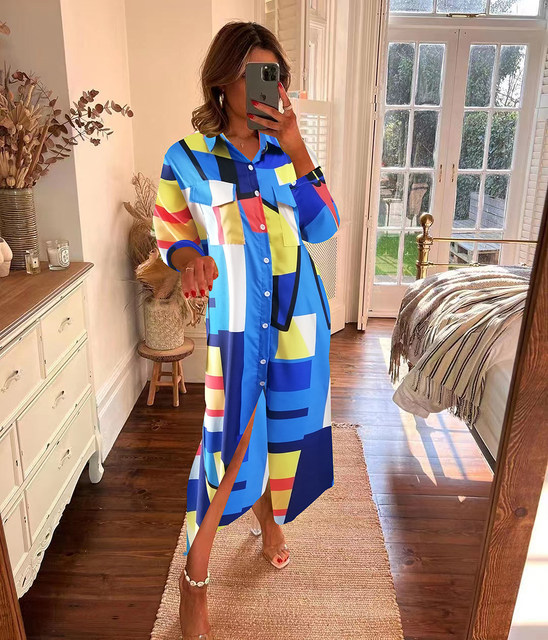 SINGLE BREASTED POLO COLLAR PLAID PRINT LONG SLEEVE DRESS