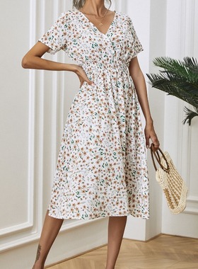 V领显瘦收腰白色短袖连衣裙