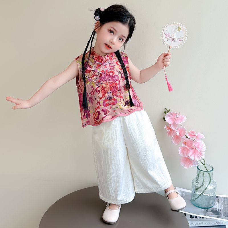 女童汉服夏季套装2025新款宝宝新中式旗袍背心阔腿裤中国风两件套,淘宝优惠券,粉丝福利购,淘宝优惠卷