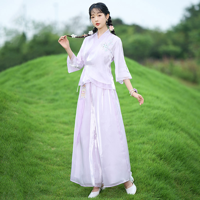 新中式国风改良汉服女夏季新款初高中学生交领上衣阔腿裤两件套装