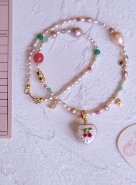 「cherry moon」原创复古少女爱心粉樱桃天然淡水巴洛克珍珠项链