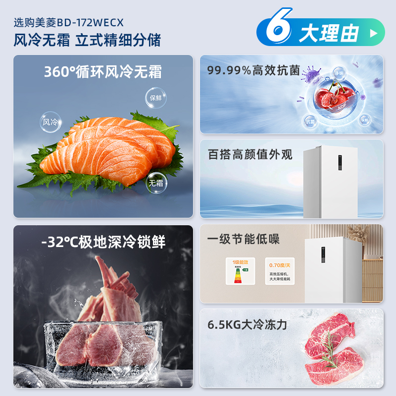 新品美菱官方172L风冷无霜立式冰柜家用一级节能小型冷柜小冰箱