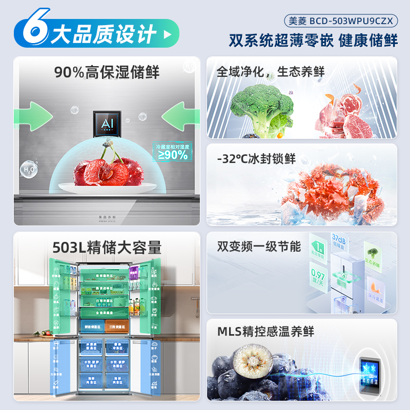 政府换新补贴美菱官方503L双系统零嵌入超薄十字四门冰箱家用一级