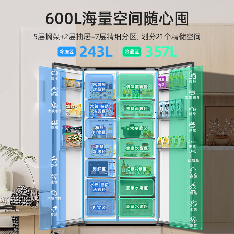 新品美菱600L对开双开门双系统家用风冷无霜一级变频冰箱政府补贴