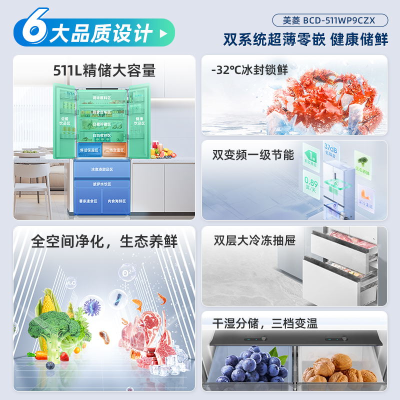 政府换新补贴美菱双系统超薄嵌入511L法式四门大容量家用一级冰箱