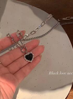 ins小众设计感黑色爱心项链女别针满钻2023年个性时尚百搭锁骨链
