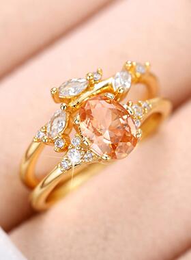 轻奢小清新高级感指环 树叶花瓣仿钻石花戒指  INS简约手饰套戒