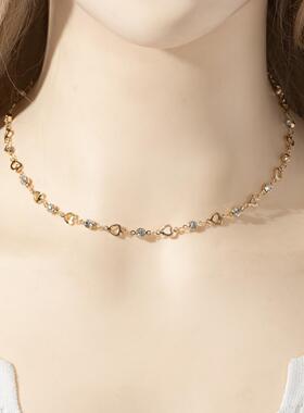 法式气质长款满钻流苏项链 镂空心形秀场项圈项饰女