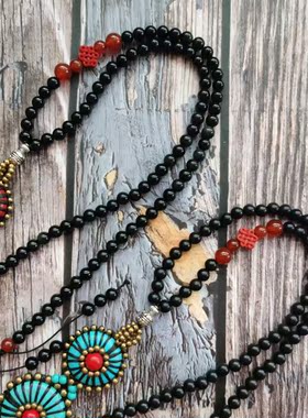 原创民族风欧美波西米亚风格松石编织女士黑檀木黑曜石佛珠项链