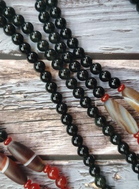 无事牌本命佛菩萨黑曜石玛瑙天珠佛珠项链 男女长佛珠毛衣链饰品