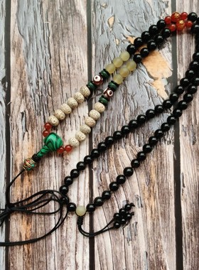 独家原创无吊坠黑曜石佛珠项链 男士女士纯手工长款毛衣链饰品