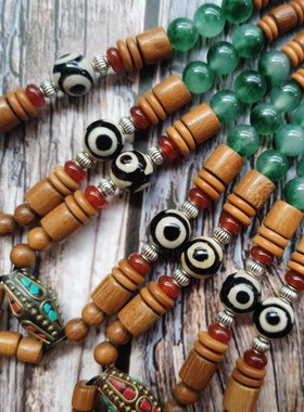 原创民族风崖柏无事牌黄金檀木佛珠项链 男士女士长款毛衣链饰品