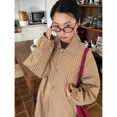 小众表妹中古vintage复古格子风衣2026春秋新款中长款休闲外套 - 图2