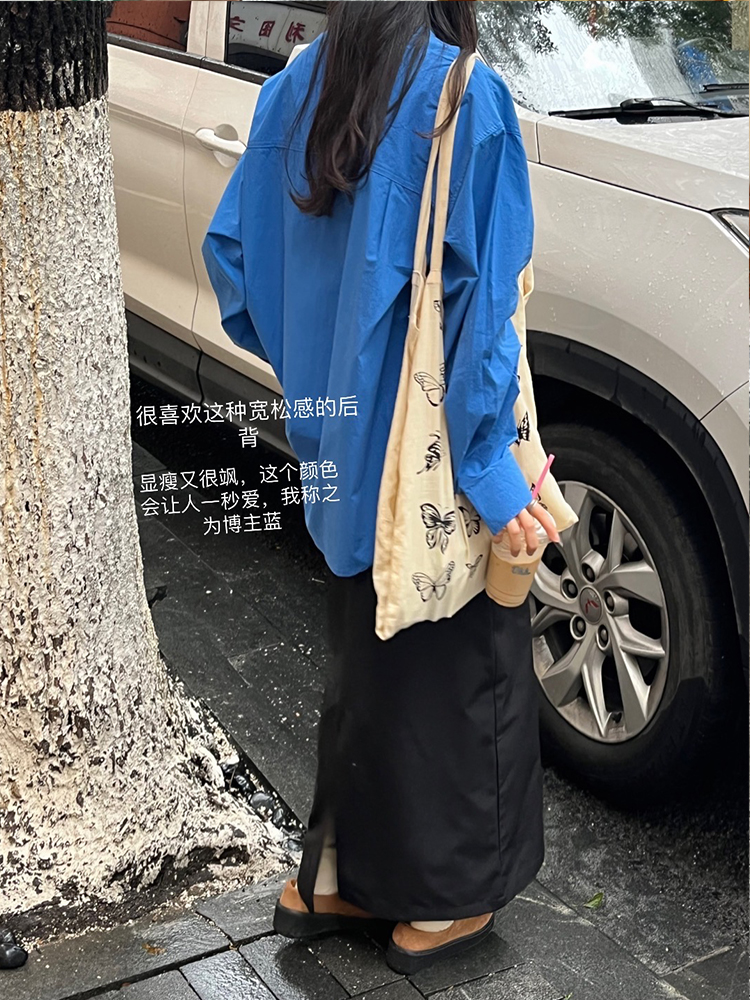 小众表妹 克莱因蓝秋季长袖衬衣女ins风上衣显白显瘦oversize衬衫