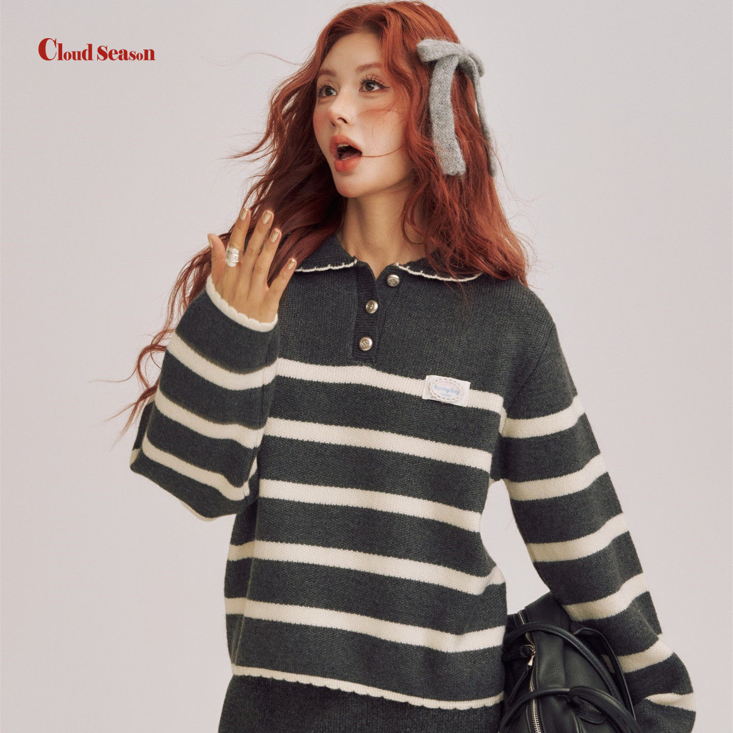 王鹤润同款CLOUDSEASON邮差娃娃领条纹毛衣女毛衣2026春新款针织,淘宝优惠券,粉丝福利购,淘宝优惠卷