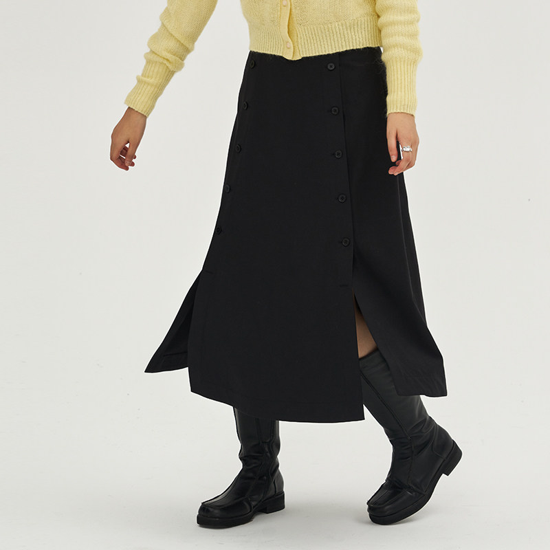 DOSORDONTS原创黑色双排扣解构羊毛半裙气质a字裙女中长款裙子,淘宝优惠券,粉丝福利购,淘宝优惠卷