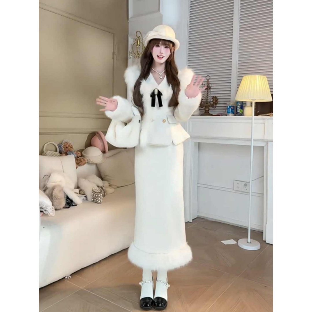 秋冬新款小香风高级感蝴蝶结外套女大码胖mm收腰显瘦半身裙两件套,淘宝优惠券,粉丝福利购,淘宝优惠卷