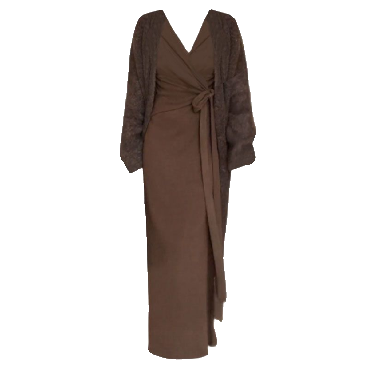 大码胖妹妹法式长袖鱼尾连衣裙秋季V领收腰包臀长裙+针织开衫套装 - 图3