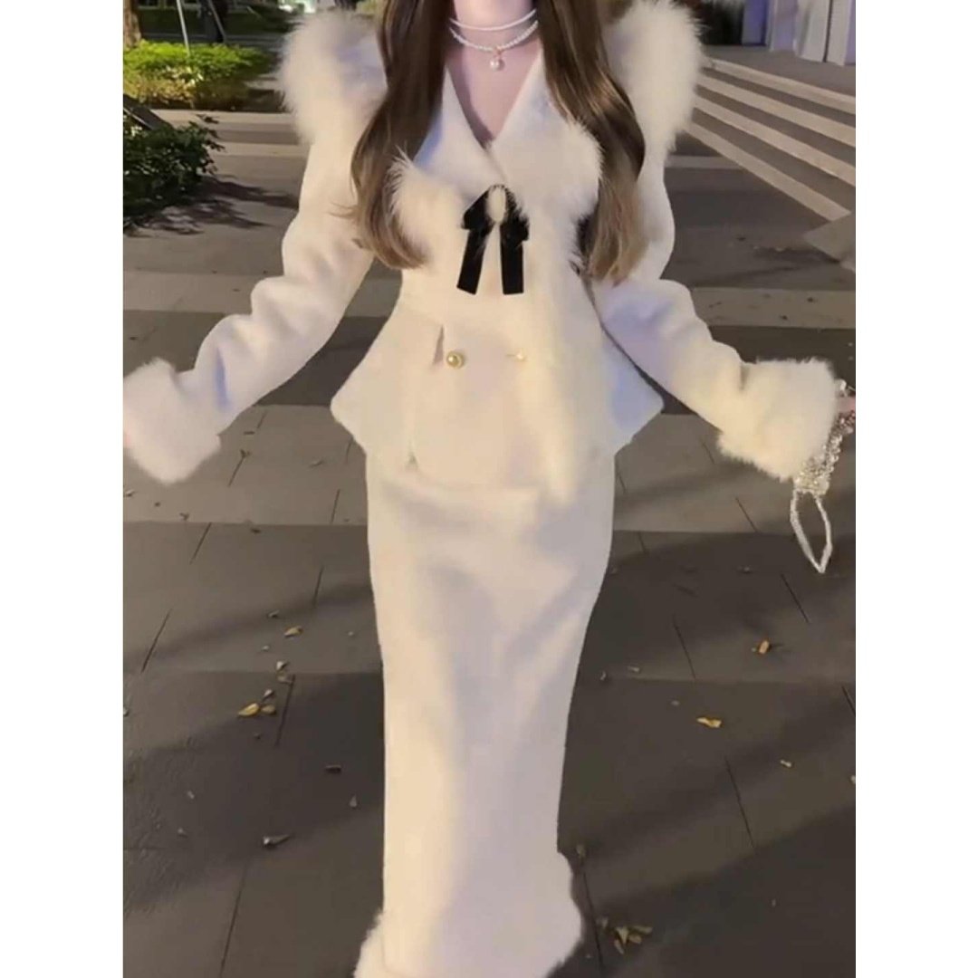 秋冬新款小香风高级感蝴蝶结外套女大码胖mm收腰显瘦半身裙两件套,淘宝优惠券,粉丝福利购,淘宝优惠卷