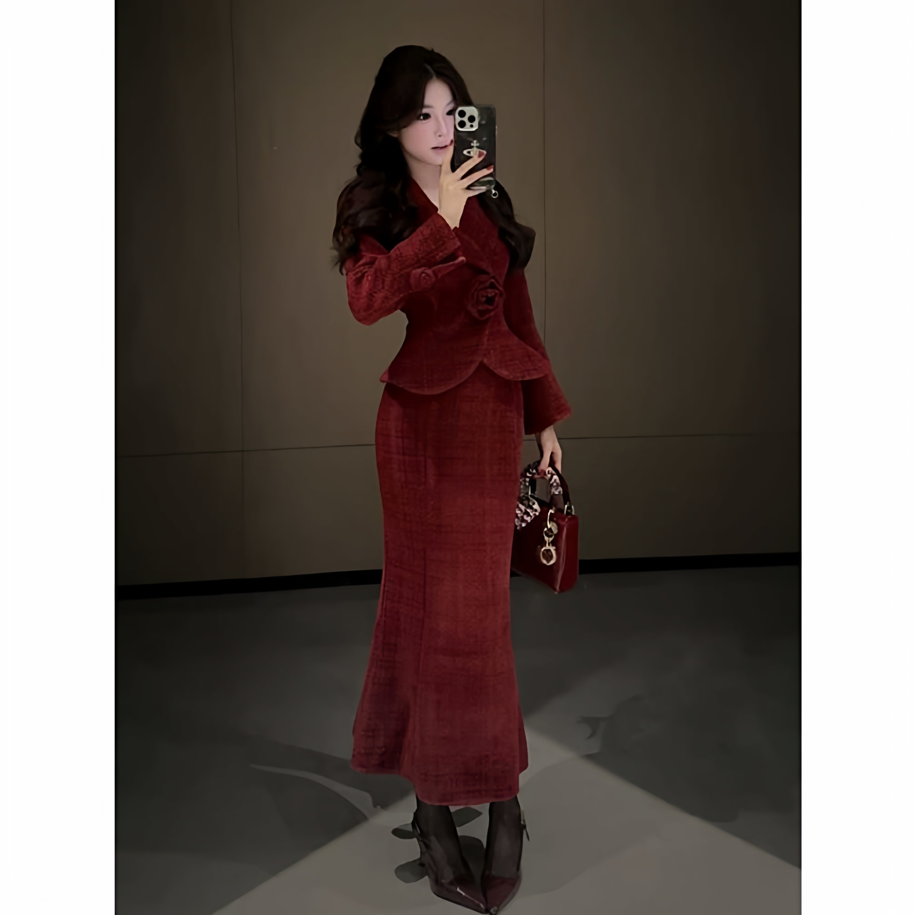 大码胖mm法式复古立体玫瑰外套女小香风包臀鱼尾半裙两件套装ins,淘宝优惠券,粉丝福利购,淘宝优惠卷