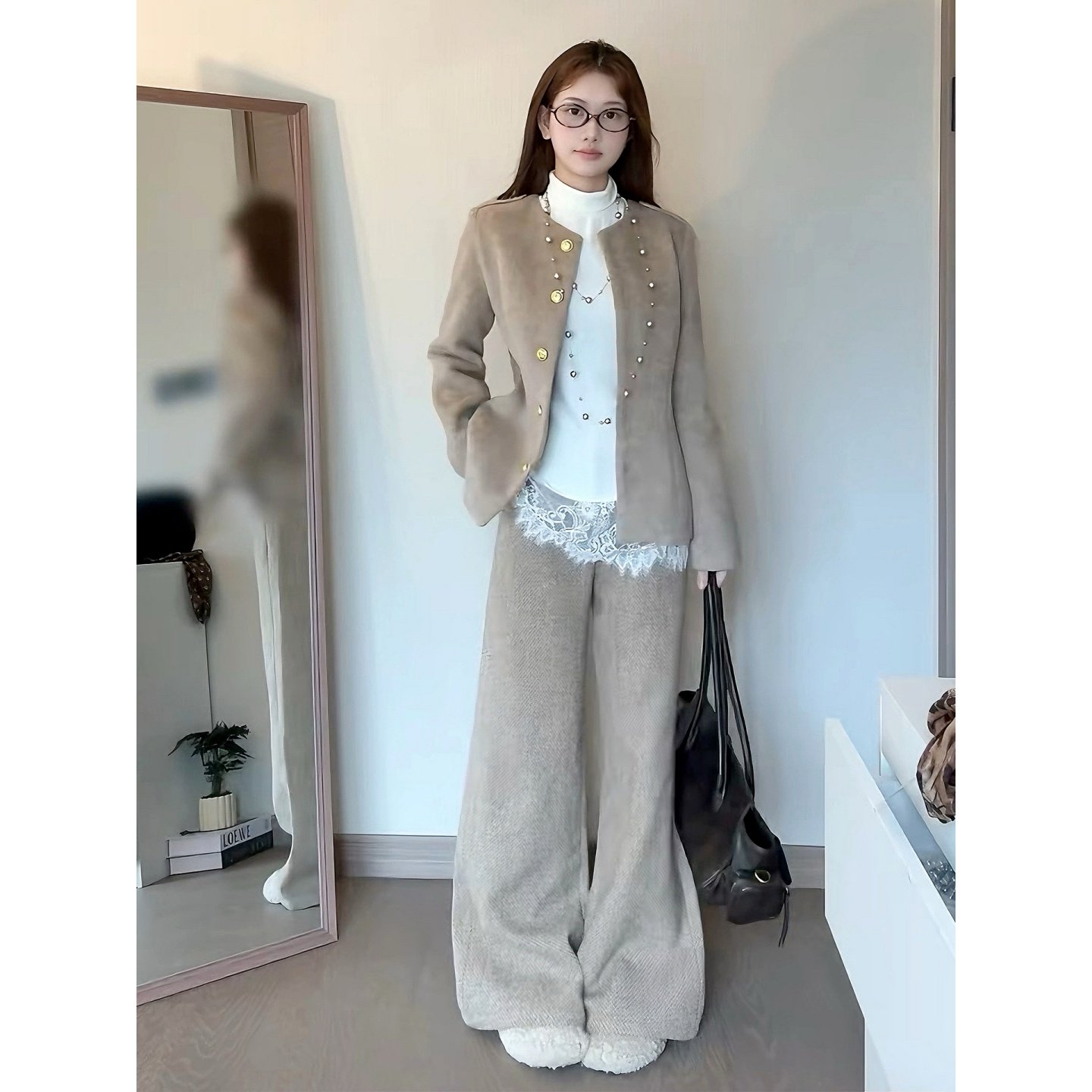 大码胖mm秋季小香风毛呢外套内搭蕾丝衫阔腿长裤子时尚三件套装女,淘宝优惠券,粉丝福利购,淘宝优惠卷