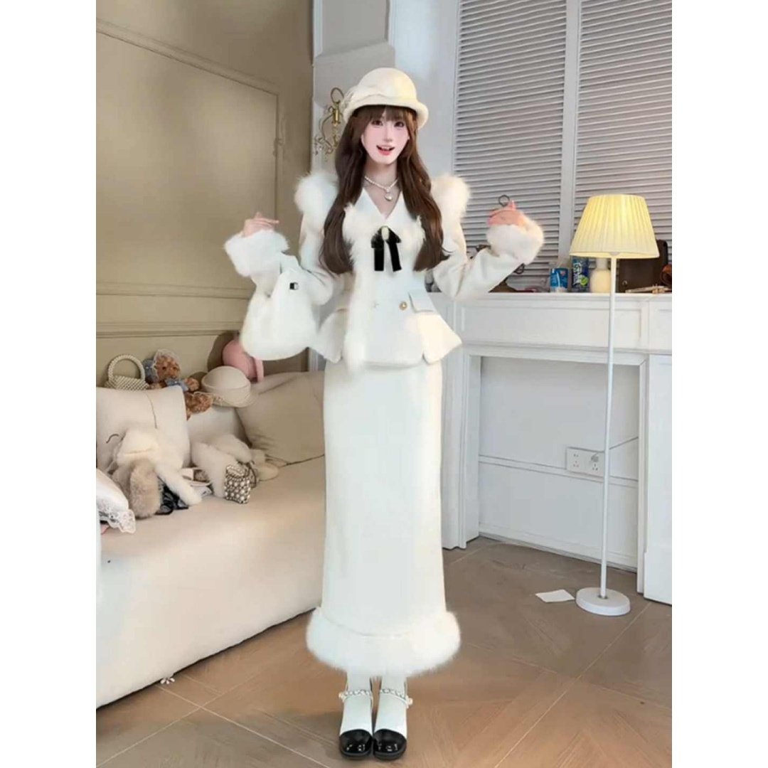 秋冬新款小香风高级感蝴蝶结外套女大码胖mm收腰显瘦半身裙两件套,淘宝优惠券,粉丝福利购,淘宝优惠卷