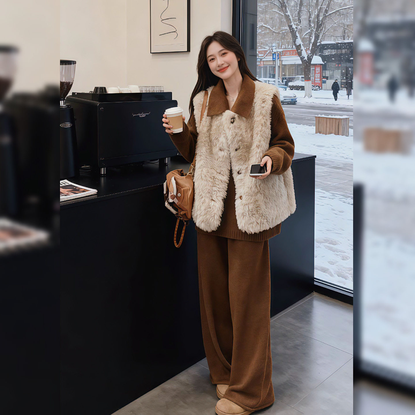 大码胖mm美拉德气质羊羔毛马甲针织上衣阔腿裤女春季简约通勤套装,淘宝优惠券,粉丝福利购,淘宝优惠卷