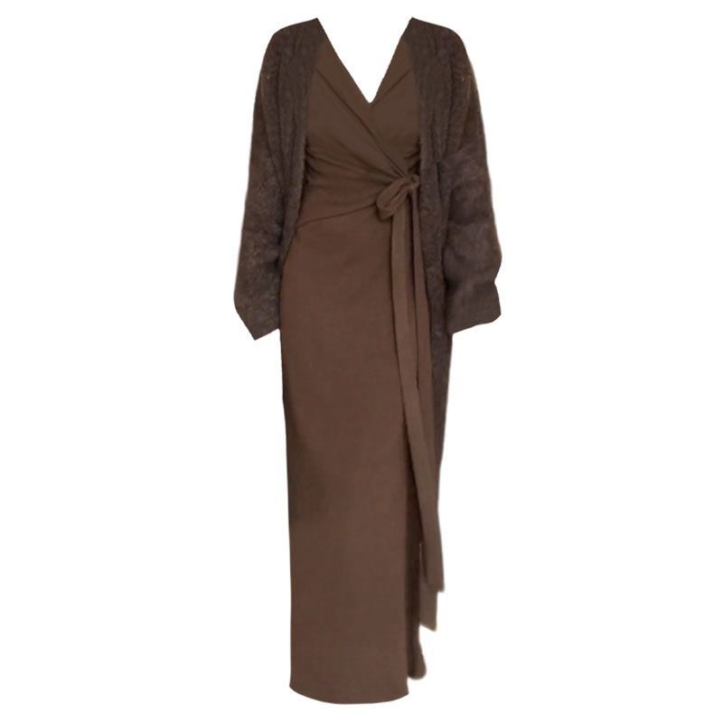 大码胖妹妹法式长袖鱼尾连衣裙秋季V领收腰包臀长裙+针织开衫套装 - 图2