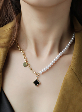 冷淡风韩版钛钢项链女圆形珍珠