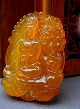 高冰种红玛瑙黄玉髓骑龙观音吊坠