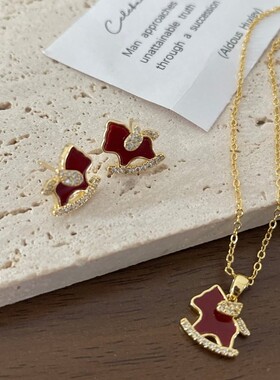 新年红色微镶锆石小马项链s925银针小马耳钉耳环