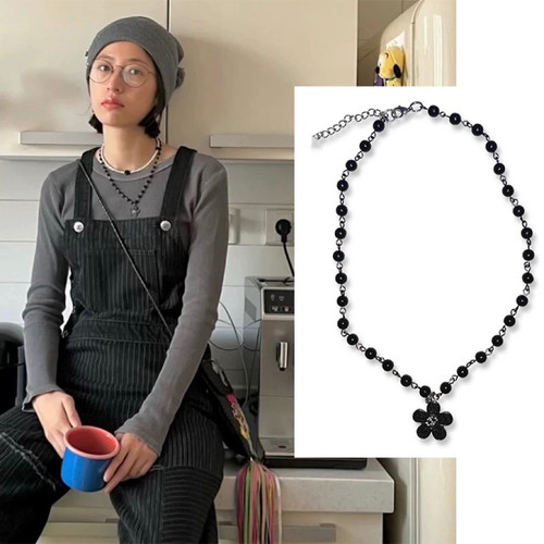 bella周雨彤张泽禹斗娜裴秀智同款夏个性黑色花酷y2k叠戴项链串珠 - 图0