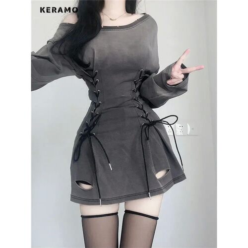 女士斜肩绑带长袖连衣裙 Ladies' diagonal shoulder strap dress - 图1