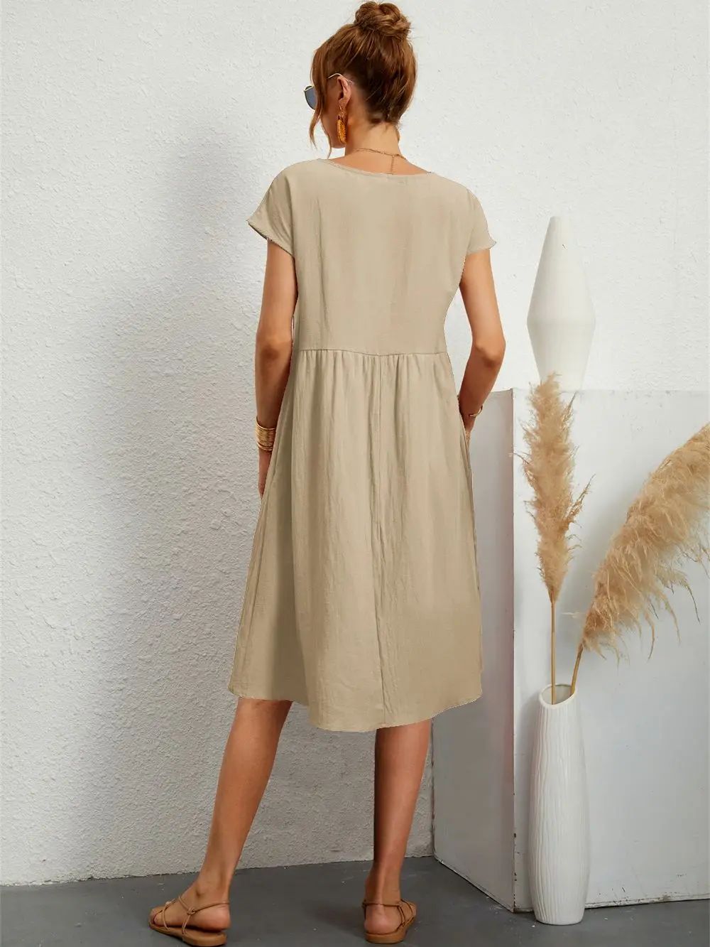 Solid cotton and linen round neck A-line skirt 纯色圆领A字裙 - 图2