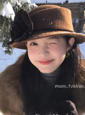 法式千金风~黑色玫瑰咖色针织帽2025女款赫本风千金帽优雅气质帽