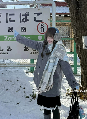 “冬日雪兔”韩系新款费尔岛提花蓝粉围巾可爱披肩秋冬保暖学生