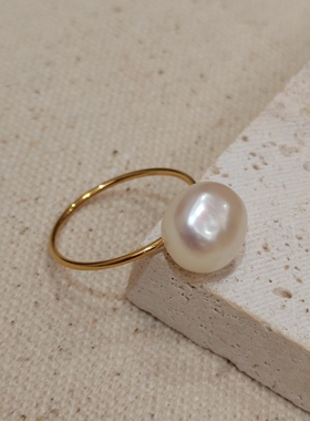 天然巴洛克异形大珍珠戒指18k镀金细圈别样高雅风格指环精致复古