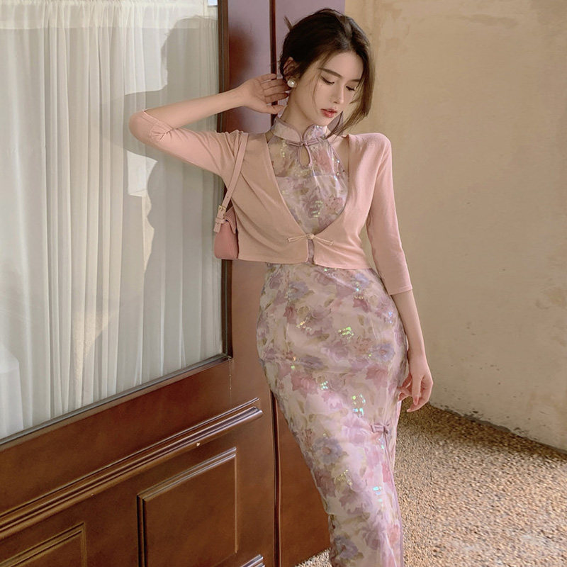 复古气质中长款性感开叉修身碎花裙 羞羞童连衣裙